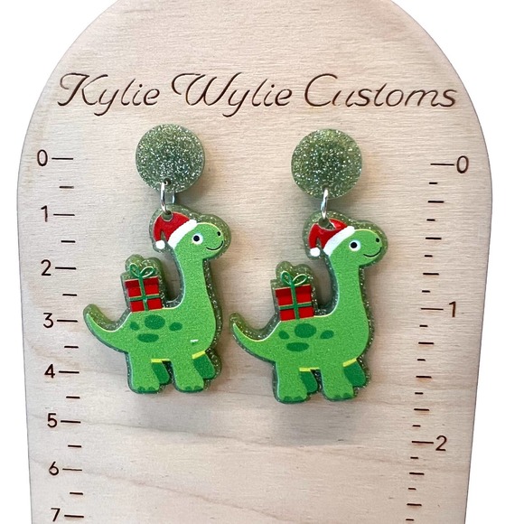 Christmas Dino Earrings - Dinosaur Earrings - Santa Earrings - Holiday Earrings - Picture 8 of 8